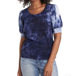1. STATE Womens Blue Tie Dye Pleated Puff Sleeve Crew Neck Top Small Stretch
